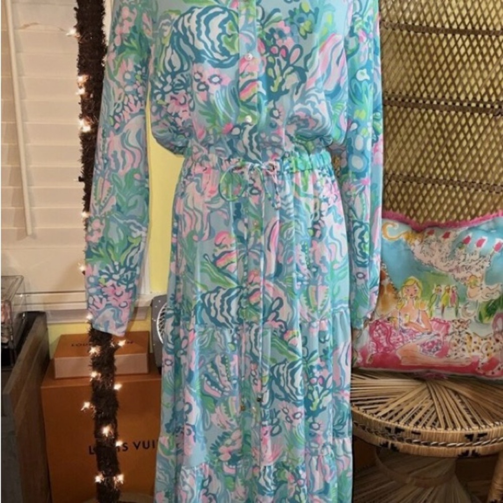 Lilly Pulitzer Aqua and Pink Long Sleeve Dress - Picture 2 of 5
